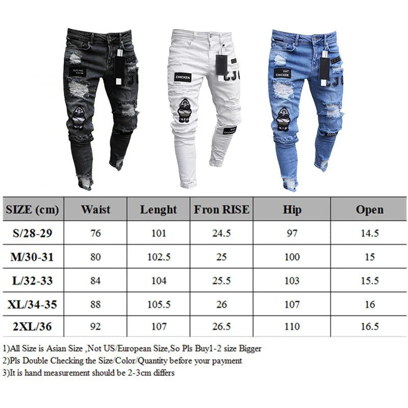 White Embroidery Jeans Men Cotton Stretchy Ripped Skinny Jeans Pants