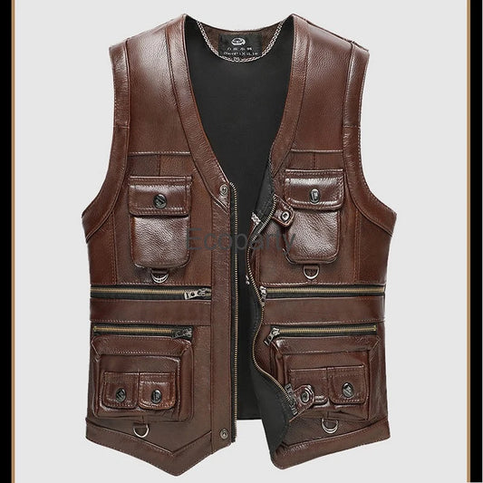 2024 Autumn Winter Leather Men's Zipper Waistcoat Steampunk Sleeveless Motorcycle Jackets