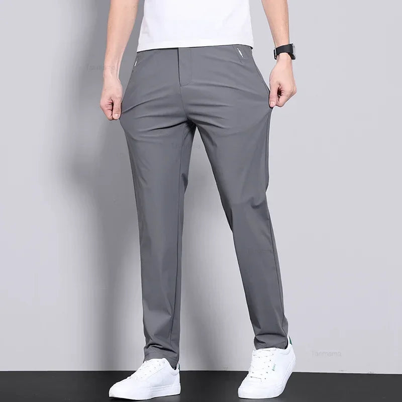 Ultra-thin Elastic Men's Casual Trousers Ice Silk Slim Straight Solid Colour Trousers Black Gary