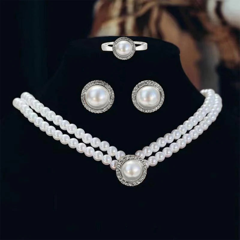 Elegant Big White Imitation Pearl Necklace Earring Ring Jewelry Set