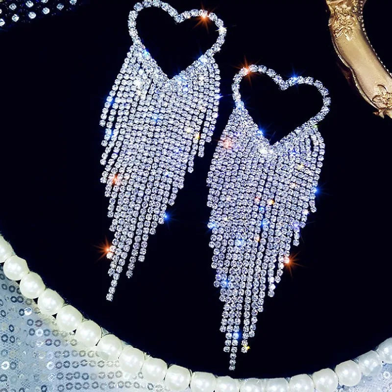 Heart Tassel Earrings Crystal Wedding Statement Accessories