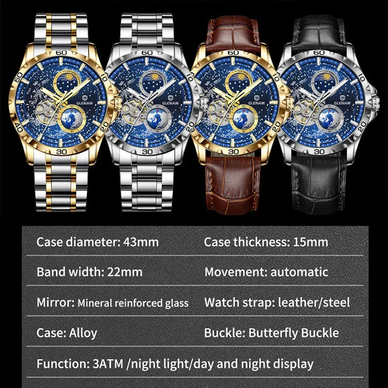 Wristwatch Men Automatic Mechanical Watch Starry Sky Stainless Steel Leather Watchband