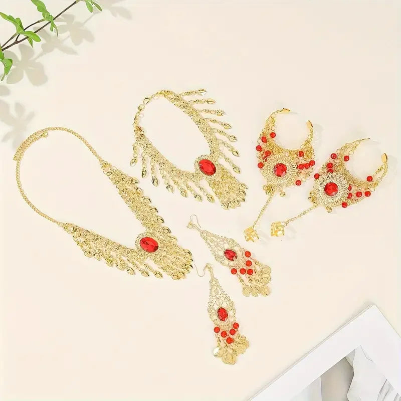 Bollywood Style Red Rhinestone Tassels Headwear+Earrings+Necklaces+Bracelet，Trendy Indian Style Jewelry Set For Women ﻿