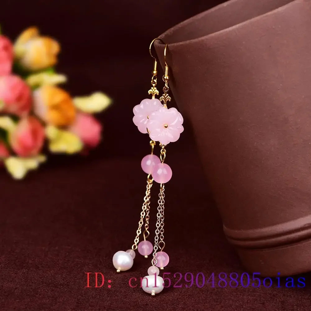 Pink Jade Flower Earrings Chalcedony Gemstone Charm Crystal Jewelry