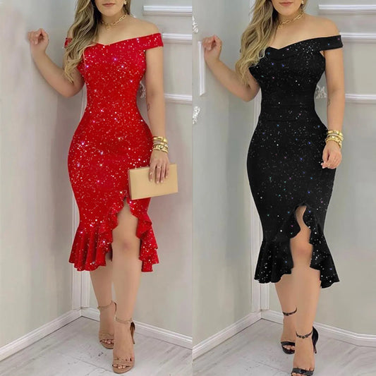 Women's Fashion Sexy Summer Off Shoulder  Short Sleeve Sequin Ruffle Irregular Dresses - Hiron Store