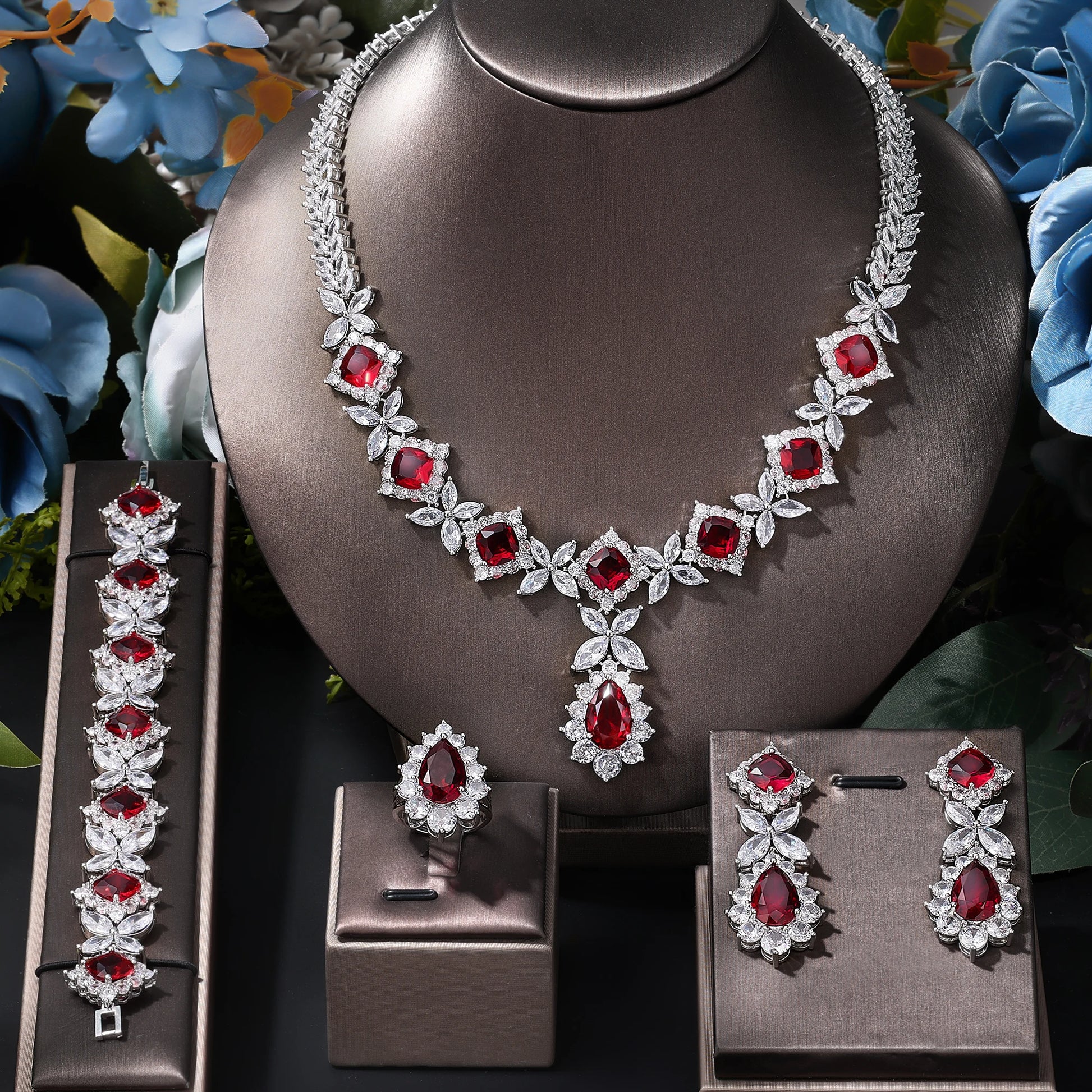 Cubic zirconia wedding bride flower jewelry set Women's cubic zirconia necklace earrings Dubai Nigeria crystal necklace set - Hiron Store