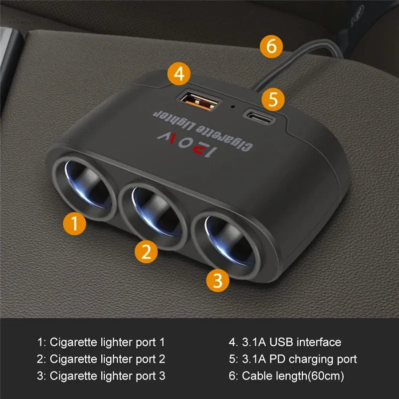 3 in 1 Dual USB Socket 120W Car Cigarette Lighter Splitter 12V 24V Fast Charger Plug Phone Power Adapter