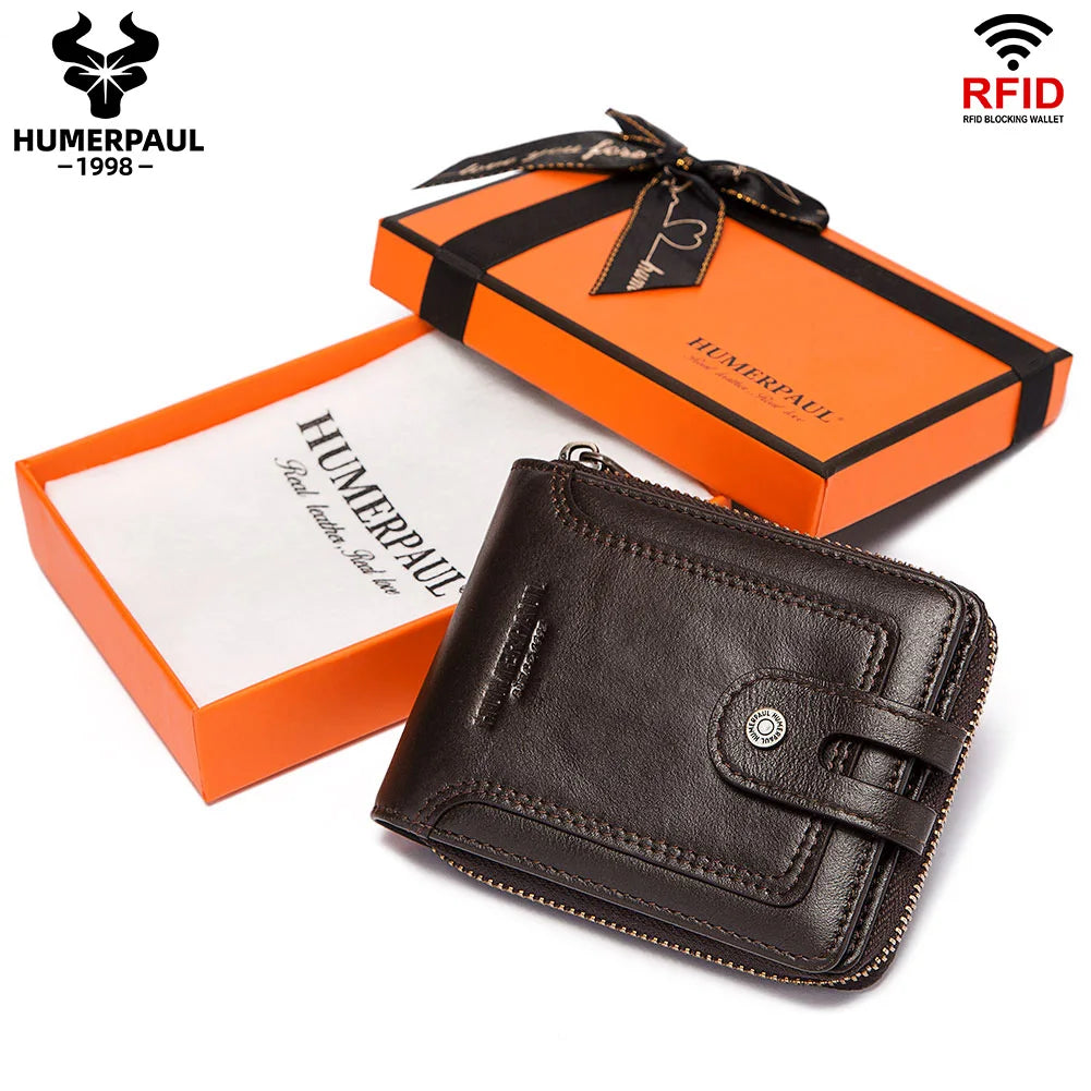 Cowhide Genuine Leather Men Wallet RFID Blocking Multi-Card Holder ID Money Bags