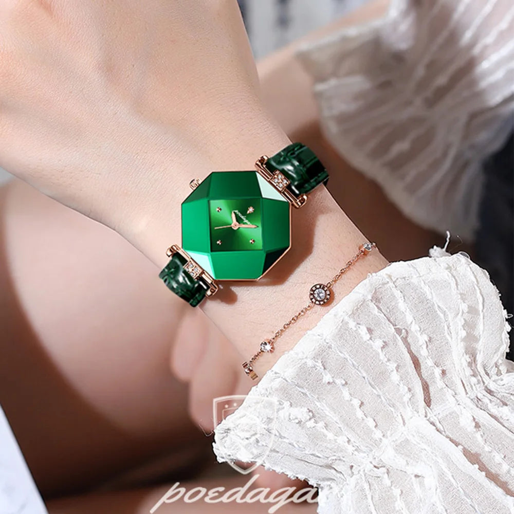 High Quality Luxury Women's Watch Diamond Quartz Waterproof Ladies Green Leather Watches