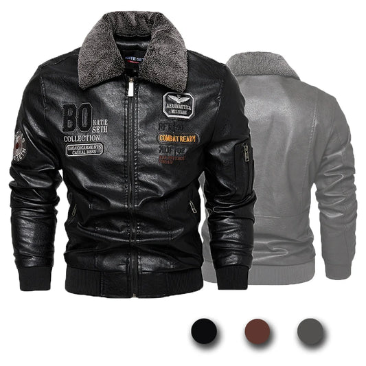 Men's Leather Jacket High-Quality Fur Collar Winter Thick Coat Original Embroidered Men Clothing