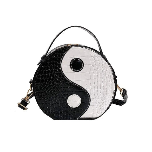 Women's Leather New Fashion Black And White Patchwork Color Small Round Bag, Casual Shoulder Crossbody Handbag - Hiron Store