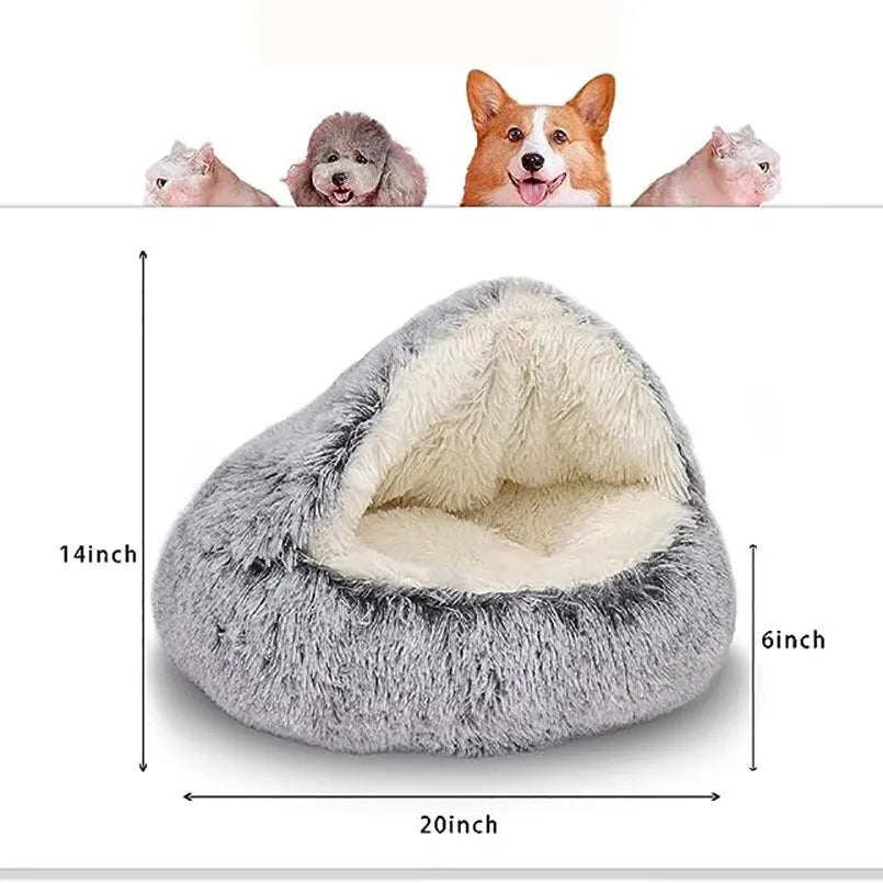 Soft Plush Pet Bed with Cover Round Cat Bed Pet Mattress Warm Cat Dog 2 in 1 Sleeping Nest Cave for Small Dogs - Hiron Store