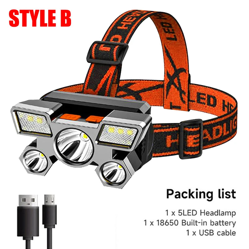 5 LED Headlamp Rechargeable with Built in 18650 Battery Strong Light Headlight Camping Adventure Fishing Head Light Flashlight - Hiron Store