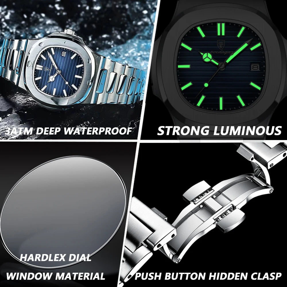 Watch Waterproof Male Clock Luminous Stainless Steel Square Quartz Men Watch