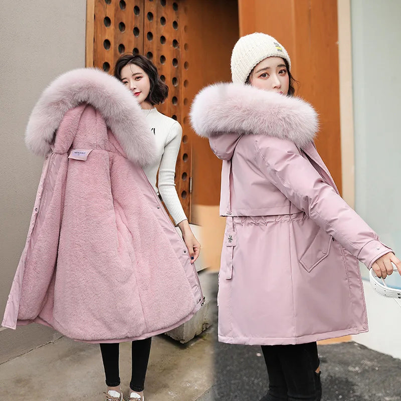 Women Parka Fashion Long Coat Wool Liner Hooded Parkas Winter Jacket Padded Clothes