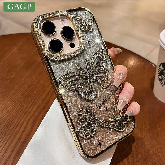 Girl's Diamond Butterfly Phone Case for iPhone 16 11 12 13 14 15 Pro Max 16 Plus Transparent Plating Soft Silicone Cover