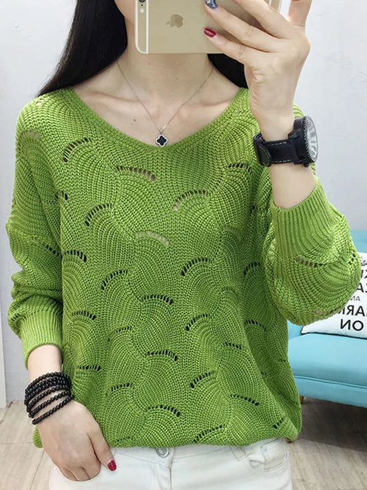 Autumn Winter V-neck Elegant Hollow Out Sweet Knitting  Women Solid Casual Style All-match Sweater