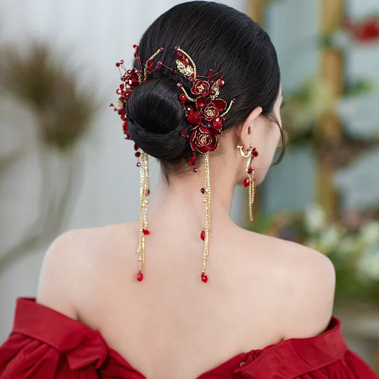 2pcs set red fairy tassel hair clips earrings sets flower Chinese wedding hair accessories - Hiron Store