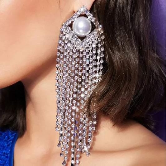 Pearl Long Tassel Earrings With Silver Needle Crystal Rhinestone Sparkling Party Accessories