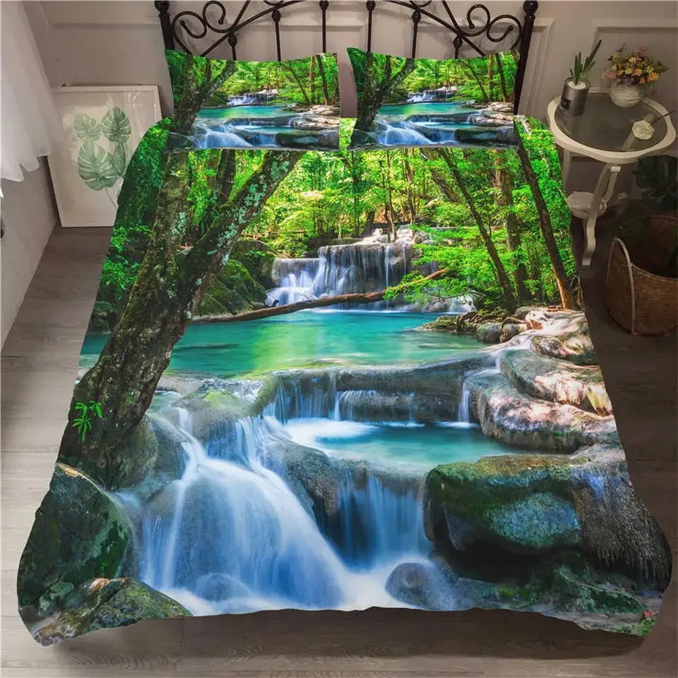 Waterfall Duvet Cover Set Natural Scenery Quilt Cover Pillowcase Landscape Forest Queen Size Polyester Bedding Set