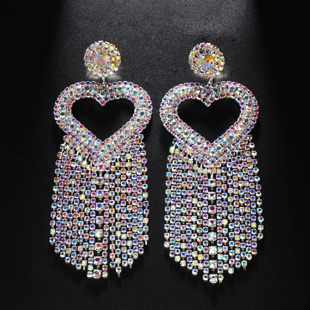 Rhinestones Heart Hollow Tassel Dangle Earrings for Women Crystal Show Long