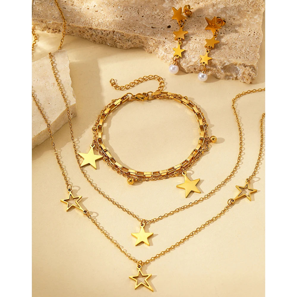 Stainless Steel Jewelry Set Skeleton Layered Chain Necklaces Star Bracelet Pearl Earrings