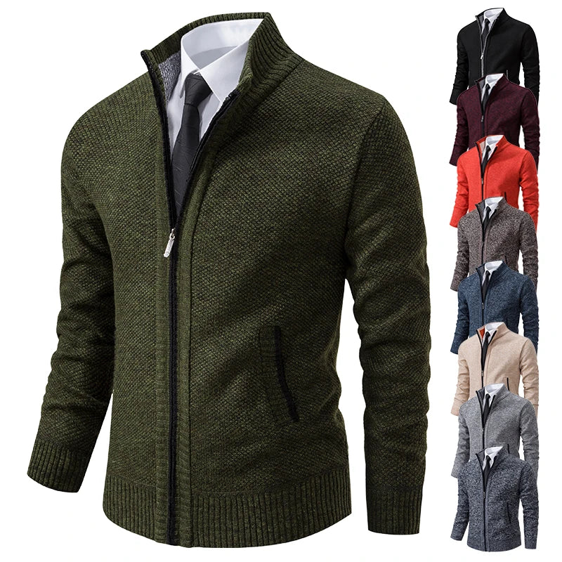 Winter New Jersey Men's Sports Coat Solid Colour Stand Collar Fleece Warm Zipper Cardigan