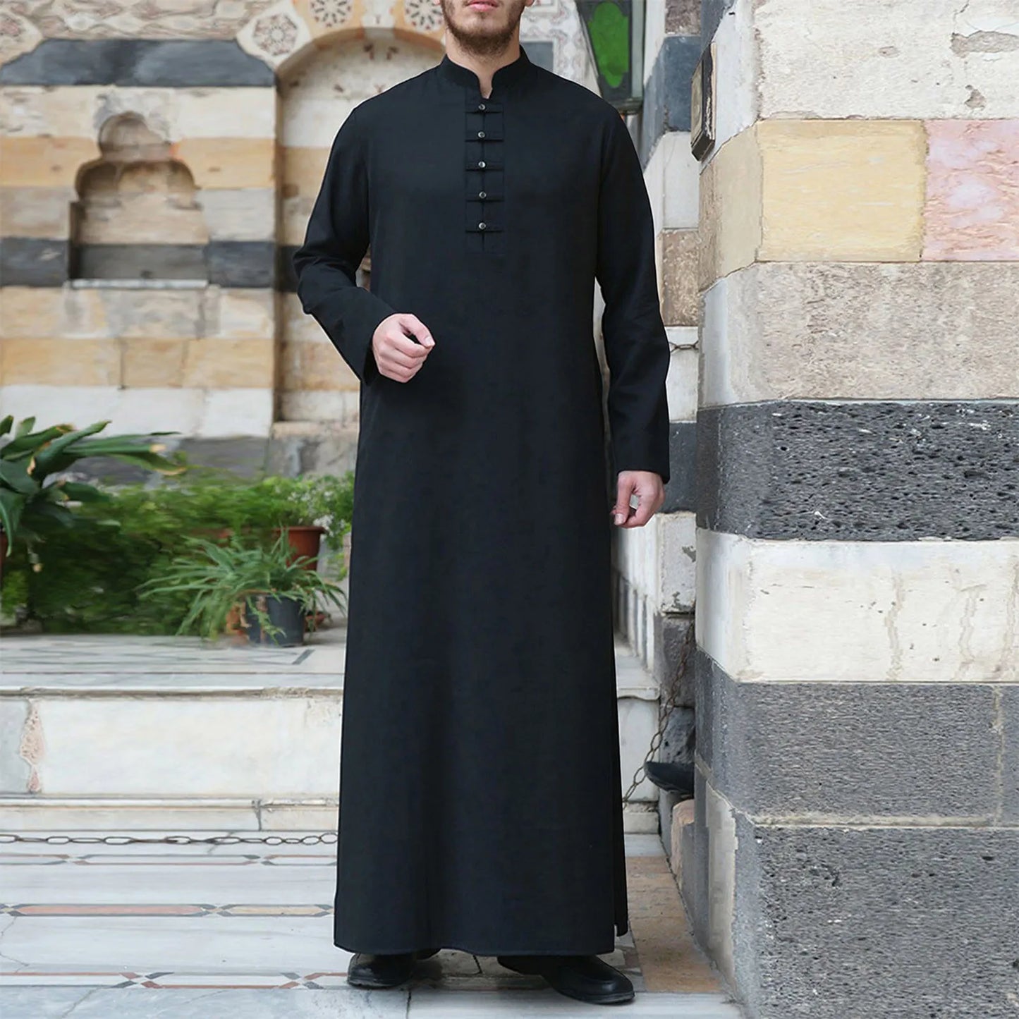 Muslim Robe Men Jubba Thobe Saudi Arabia Kaftan Solid Color Stand Neck Homme Abaya Caftan Islamic Clothing Islam Dress Eid Abaya - Hiron Store