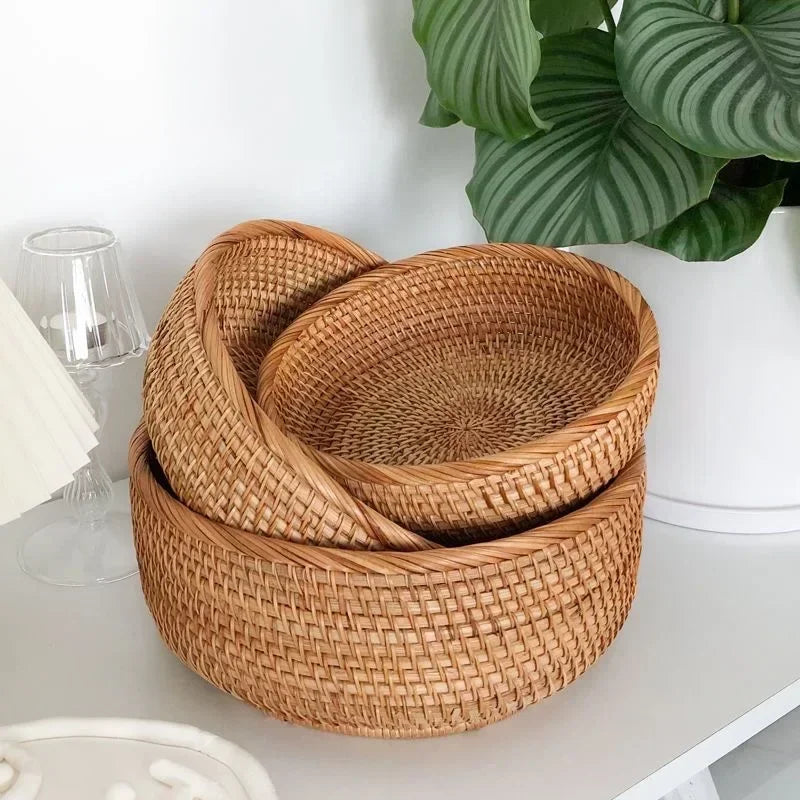 Round Rattan Woven Basket, Wicker Fruit Basket, Bread Food Kitchen Home Decor Organizer, Breadbasket For Kitchen - Hiron Store