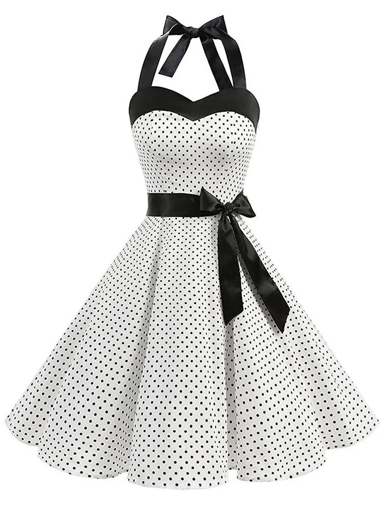 Women Polka Dot Print Summer Dress Sexy Retro White Halter Vintage Dress