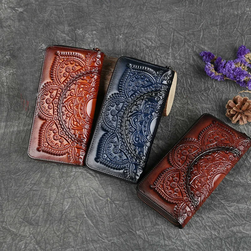 Wallet Long Hand Bag Women's Leather Handmade Embossed Floral Phone Purse Ladies Card Holder