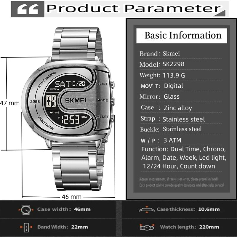 Skmei Mens Digital Waterproof Watches Stainless Steel Band Alarm Clock Stopwatch Sports Dual Time