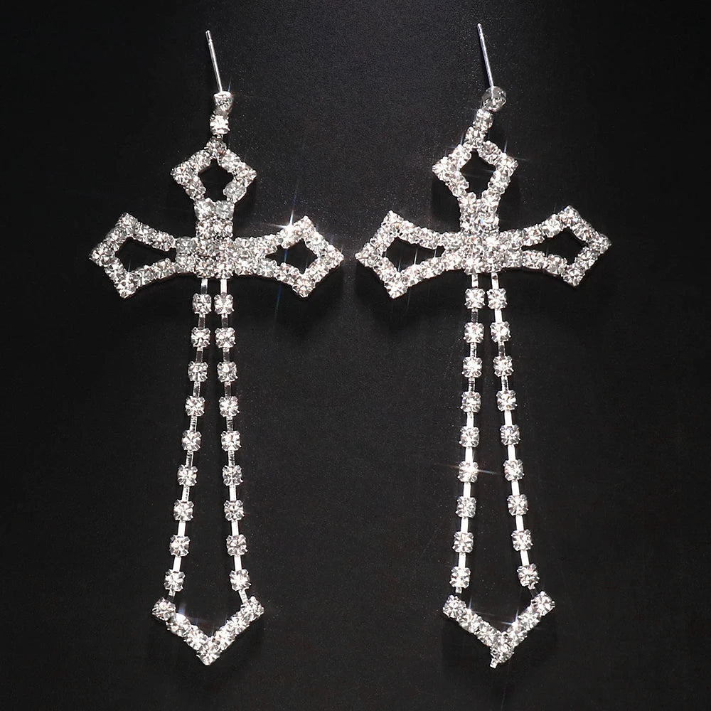 Bridal Crystal Cross Shape Long Earrings Sparkly Dangle Earrings