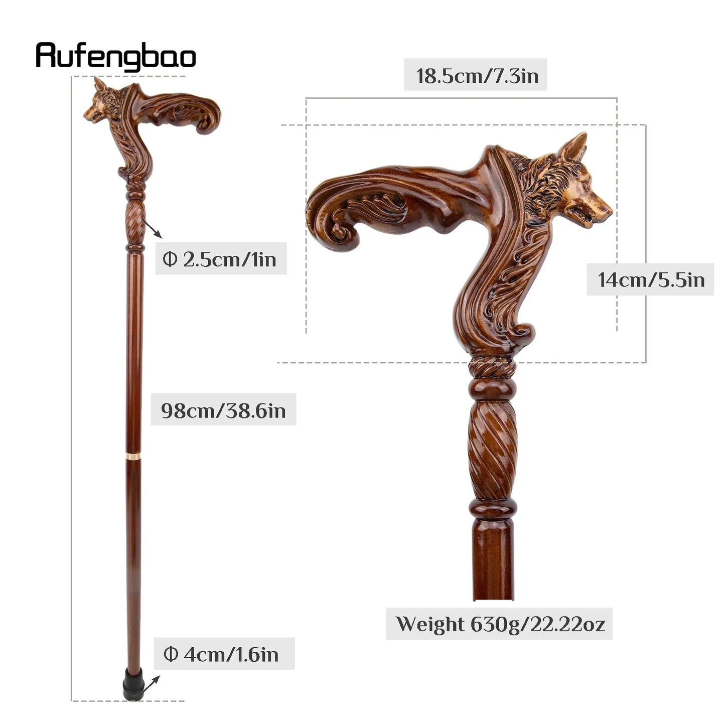 Wolf Brown Wooden Fashion Walking Stick Decorative Vampire Cospaly Party Wood Walking Cane Halloween Mace Wand Crosier 93cm