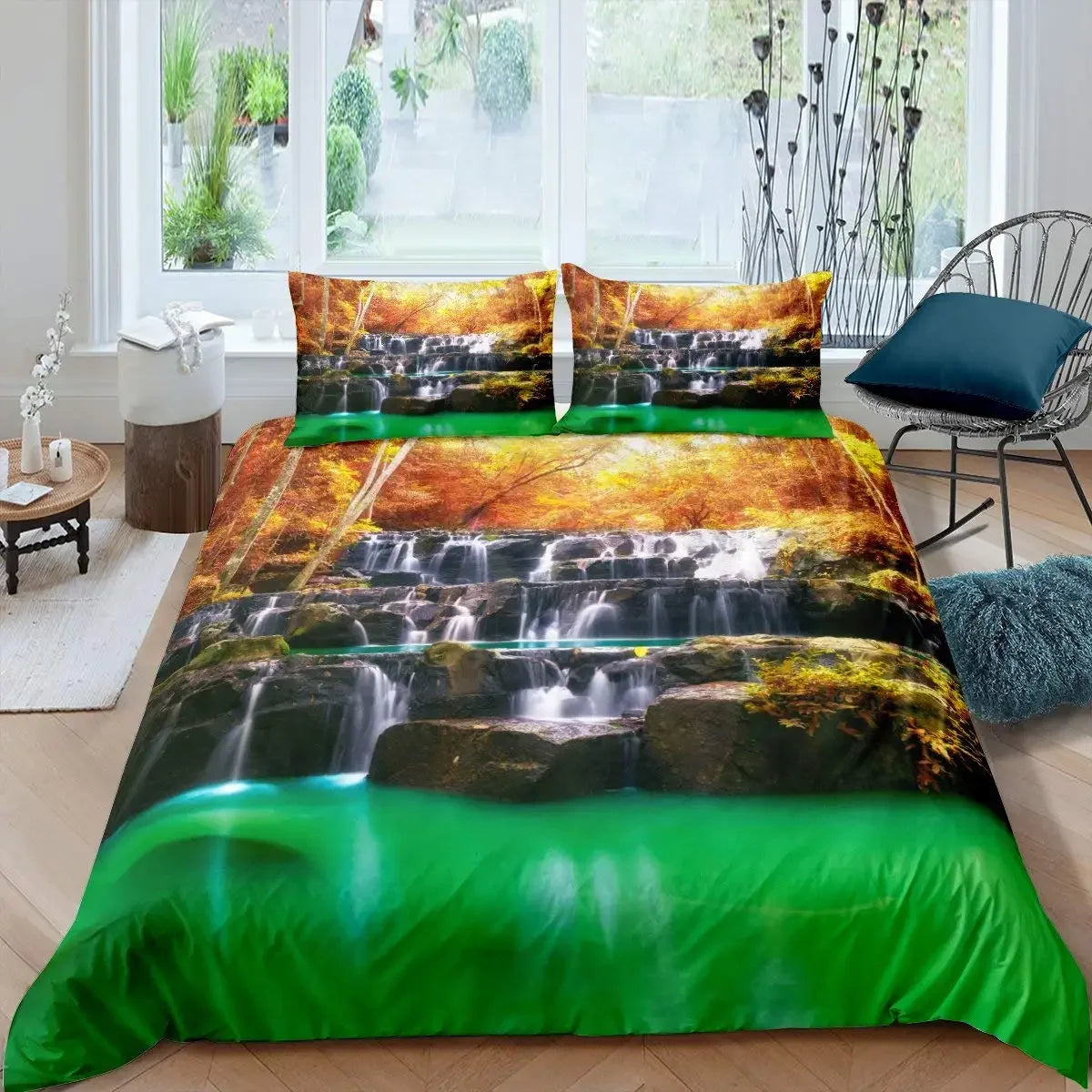 Waterfall Duvet Cover Set Natural Scenery Quilt Cover Pillowcase Landscape Forest Queen Size Polyester Bedding Set