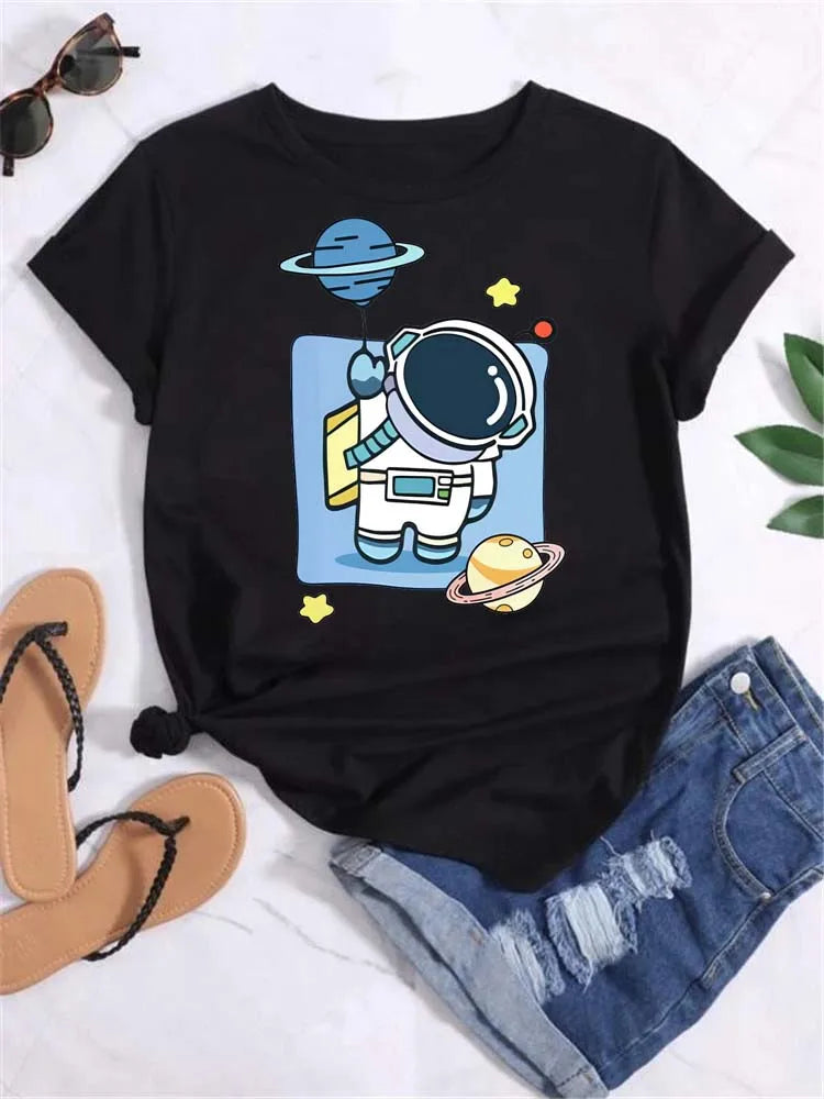 Women Moon Planet Print Round Neck Short Sleeve Streetwear Female T-Shirt  Tops