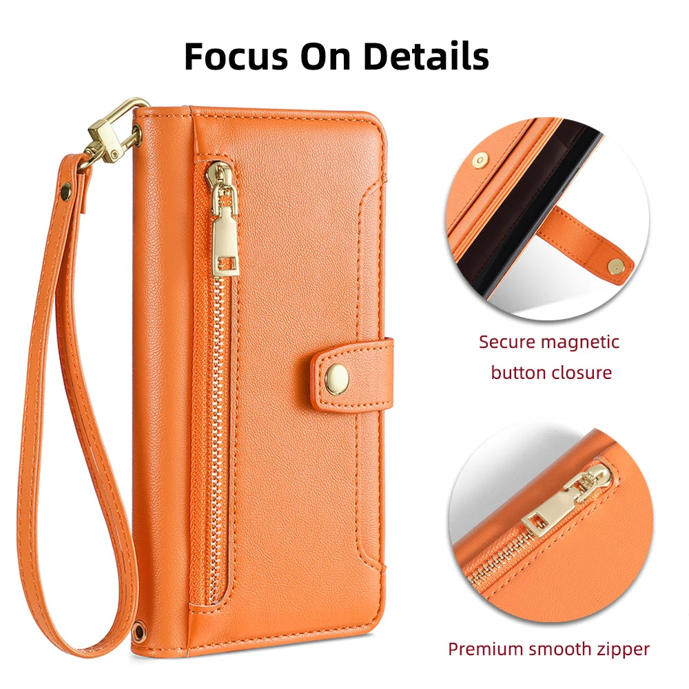 Ladies Card Slots Wallet Crossbody Phone Case for iPhone 15 14 13 12 11 Pro Max Cover with strap