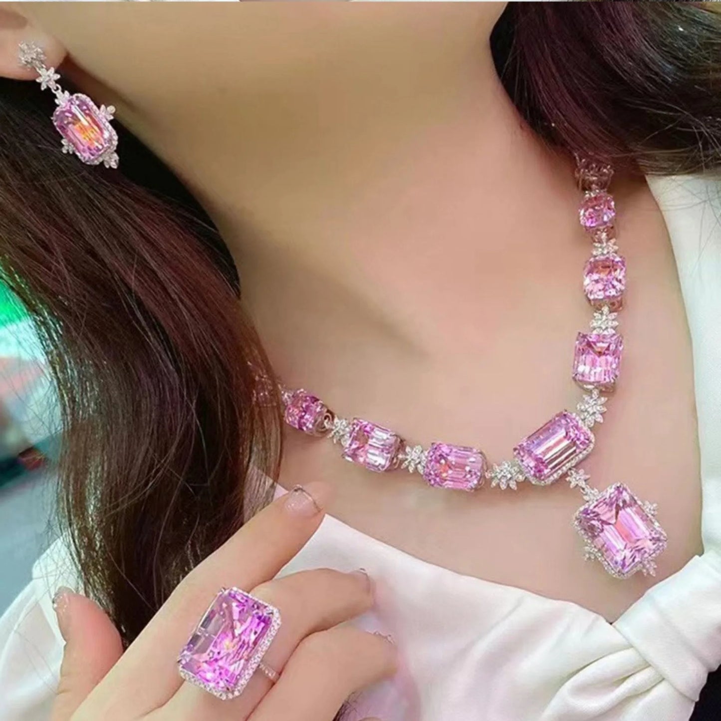 Luxury Female Pink Crystal Rings Jewelry Sets Charm Silver Color Wedding Drop Earrings For Women Luxury Bridal Choker Necklaces - Hiron Store