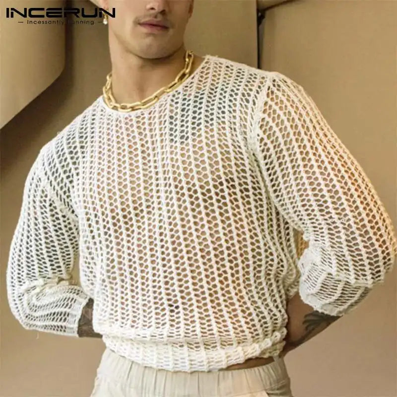 Men Mesh T Shirt Transparent Sexy 2023 O-neck Long Sleeve Men Clothing Streetwear Solid Party Nightclub Camisetas S-5XL - Hiron Store