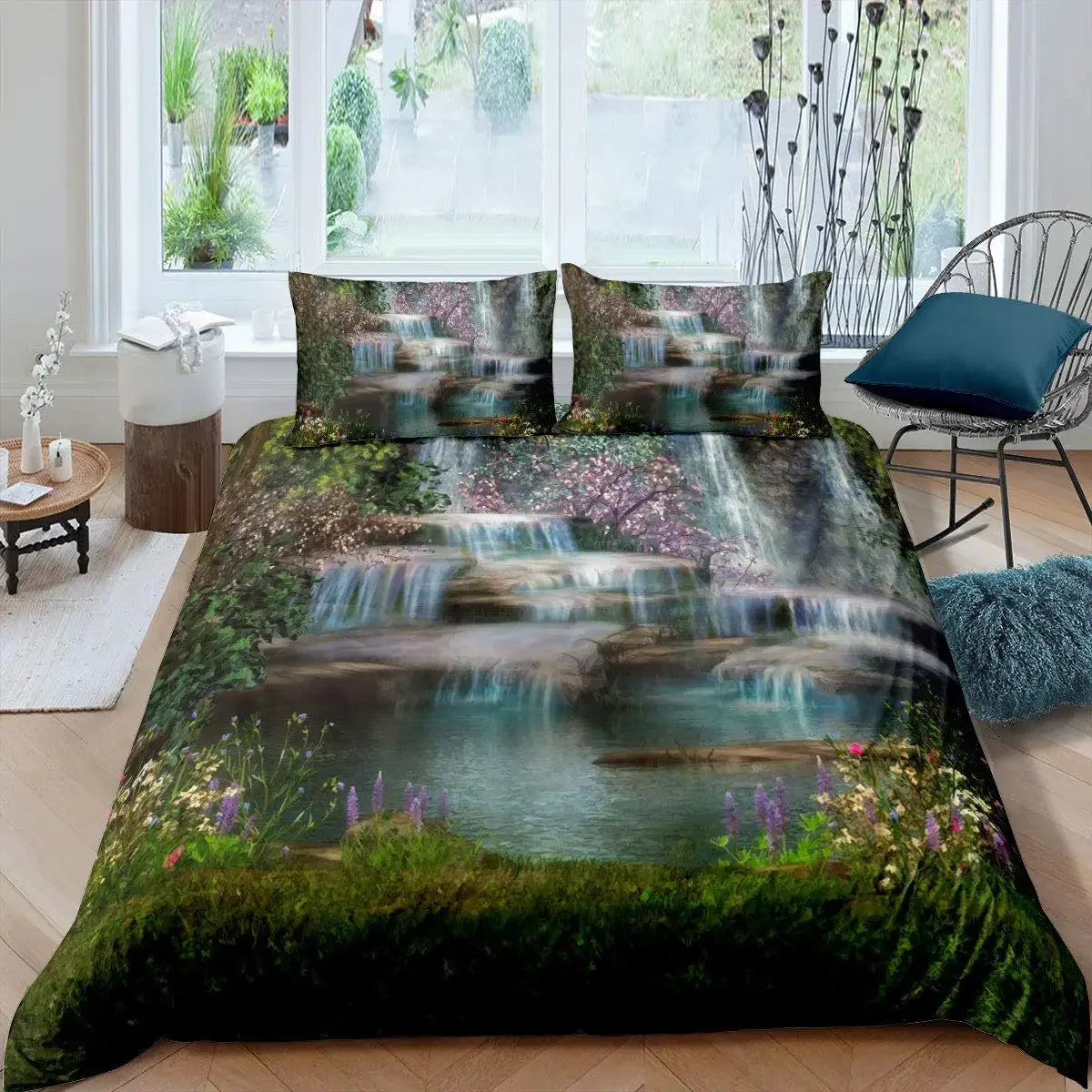 Waterfall Duvet Cover Set Natural Scenery Quilt Cover Pillowcase Landscape Forest Queen Size Polyester Bedding Set