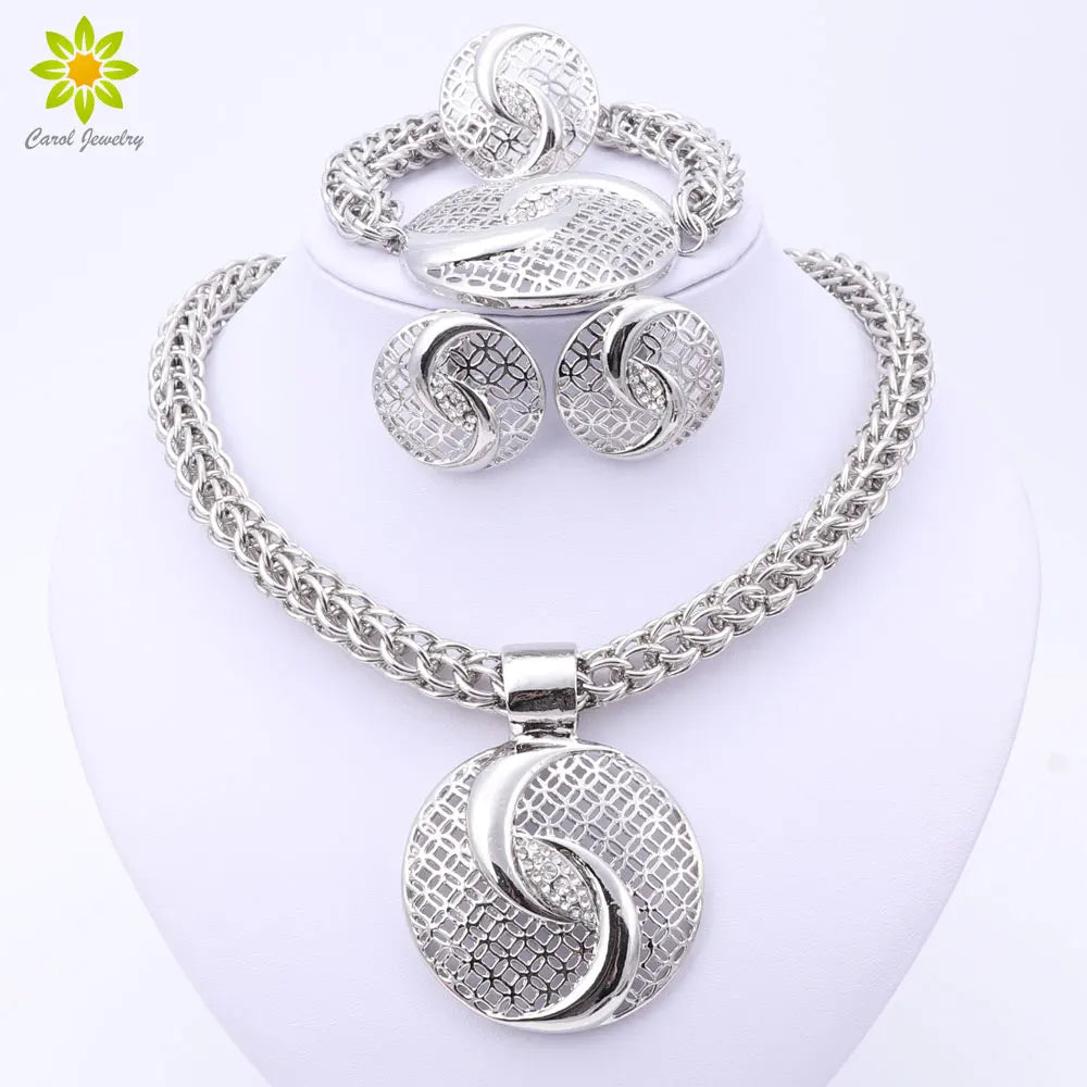 Dubai Silver Color Crystal Necklace Jewelry Sets Nigerian Wedding African Beads Costume Jewelry