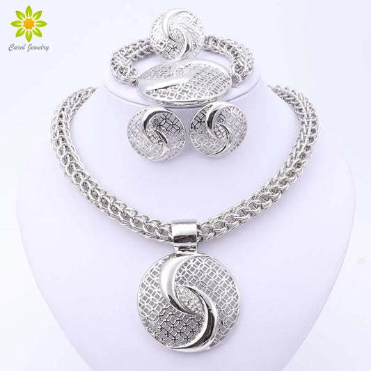 Dubai Silver Color Crystal Necklace Jewelry Sets Nigerian Wedding African Beads Costume Jewelry