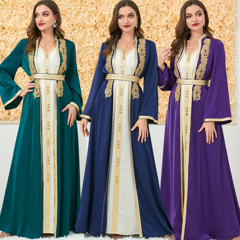 Muslim Women Long Sleeve V-neck Polyester  2 Pieces Dress  Matching Sets Muslim Abaya