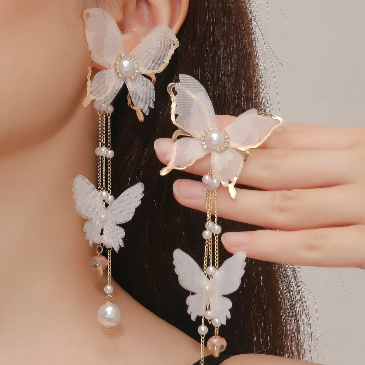 Butterfly & Faux Pearl Drop Earrings - Hiron Store