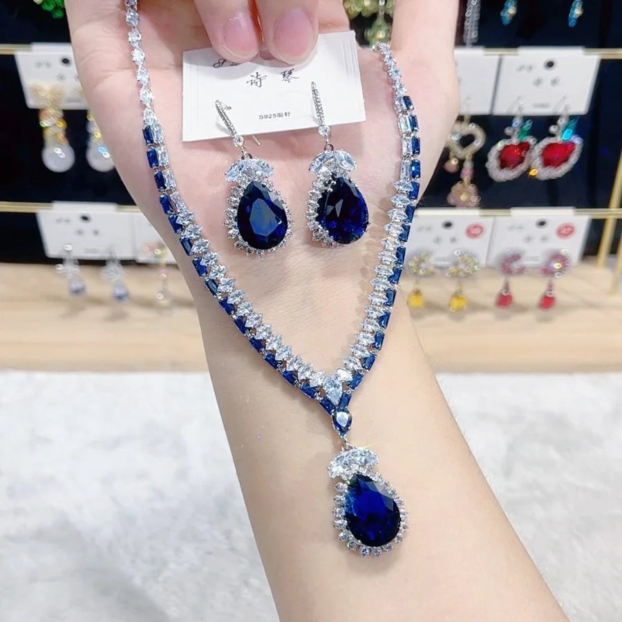 Women Fashion Trend Zircon Luxury Necklace Earrings Blue Drop Set 2025