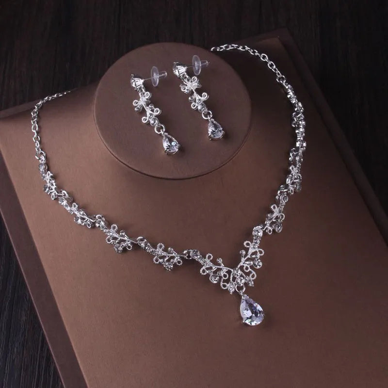 Luxury Silver Colour Crystal Water Drop Bridal Jewelry Sets Rhinestone Tiaras Crown Necklace Earrings Jewellery Set