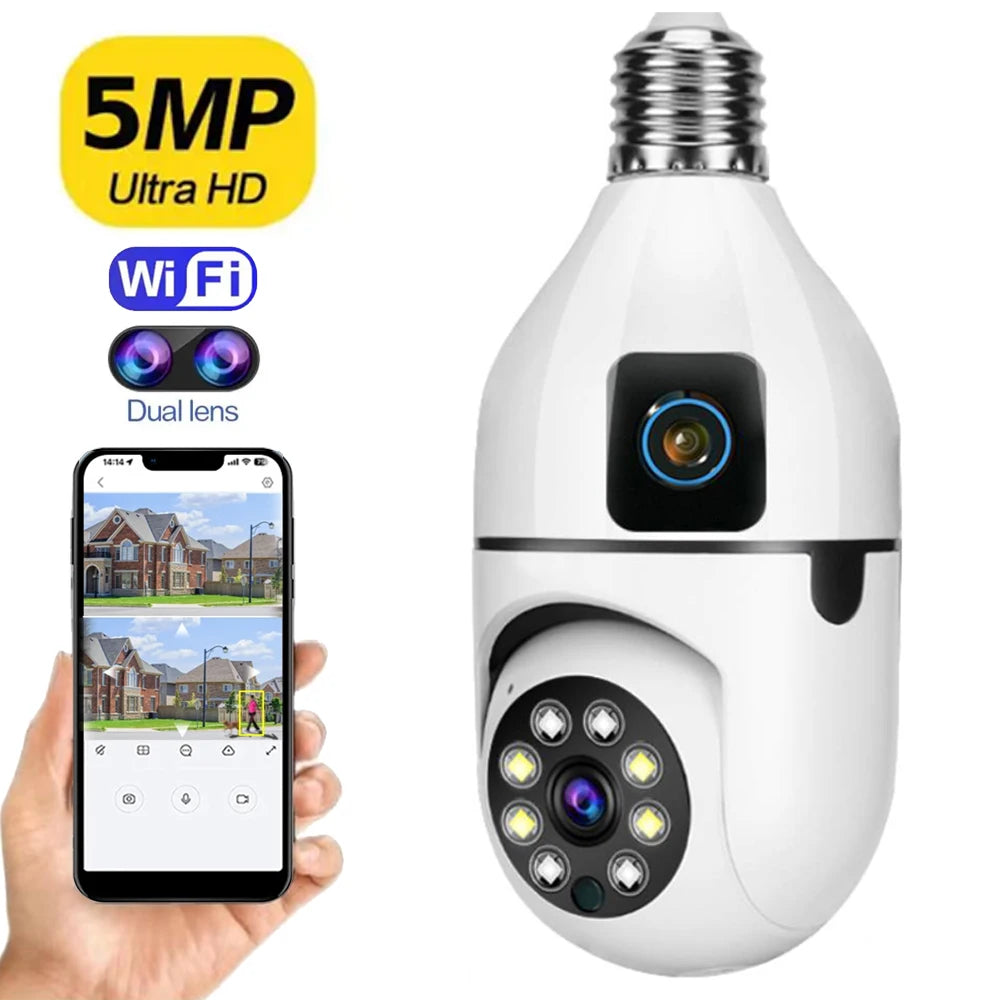 New E27 Wifi Dual Lens Camera 1080P 5MP 4K PTZ Surveillance Camera CCTV Outdoor IP Cam Security Smart Home AI Tracking - Hiron Store