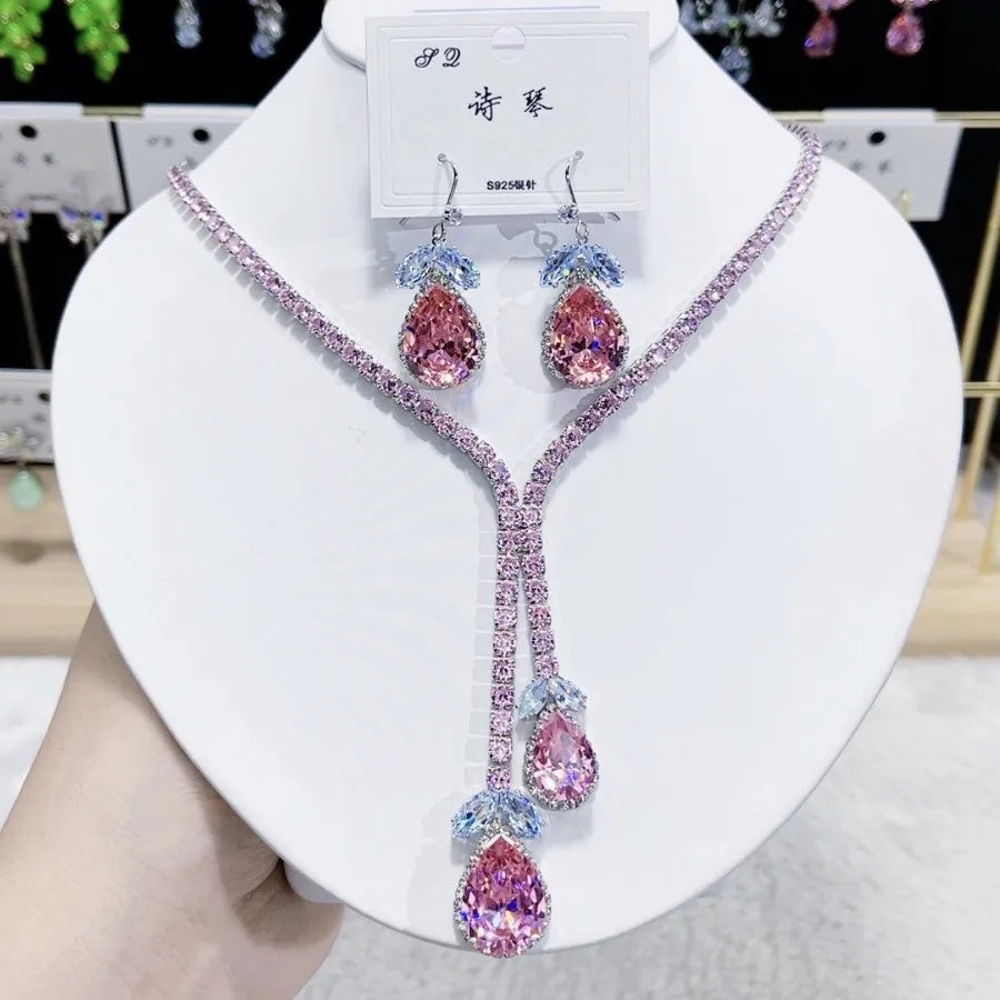 Women Colorful Fashion Zircon Necklace Earrings 2025