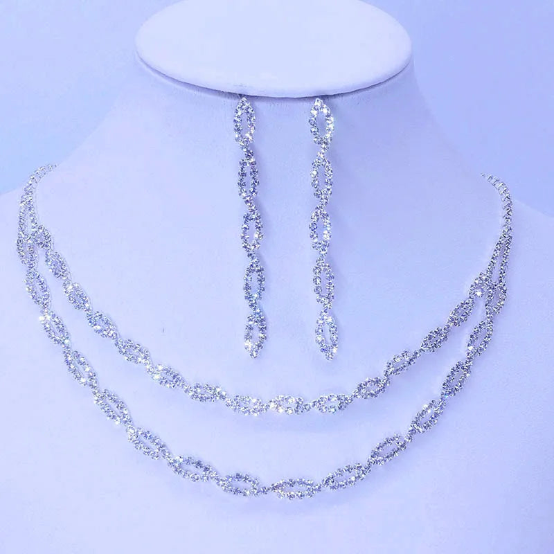 White Crystal Silver Color Dangle Earrings For Women Trendy Bridal Zircon Chain Necklace