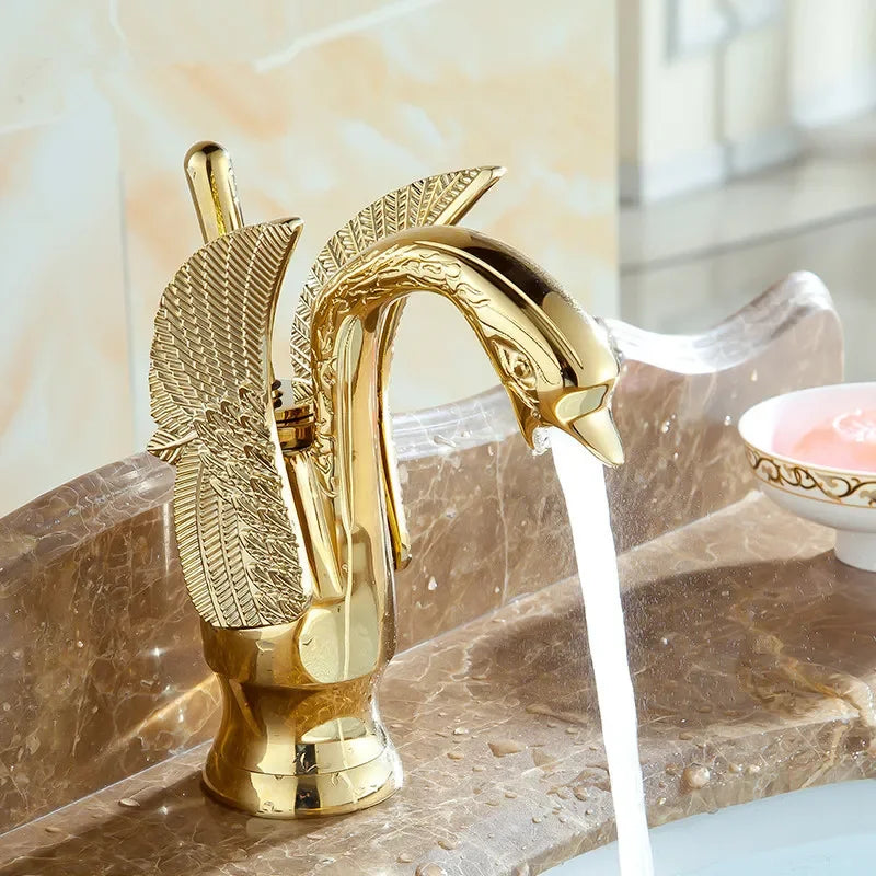 Basin Faucets New Design Swan Faucet Gold Plated Wash Basin Luxury Copper Tap hot and cold Taps